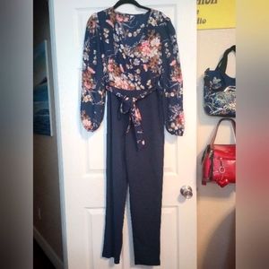 Navy Floral Vneck Long Sleeve Jumpsuit with waist tie